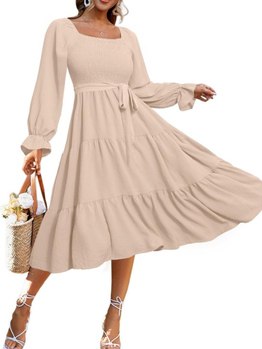 Chic Long Sleeve Maxi Dress - Casual Square Neck, Smocked, Flowy for Fall